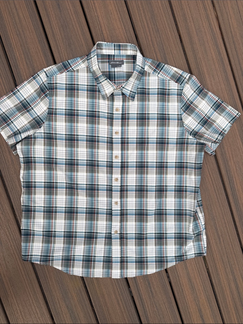 Eddie Bauer Short-Sleeve Plaid Button-Down Shirt in White, Blue, and Brown